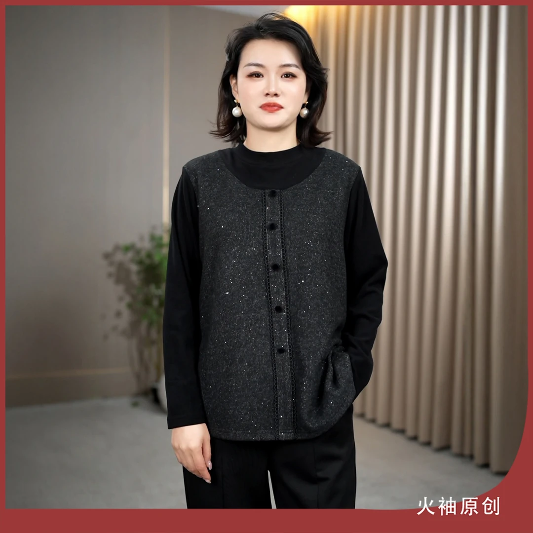 火袖G2470中老年妈妈装半高领卫衣女秋冬新款假两件百搭长袖小衫