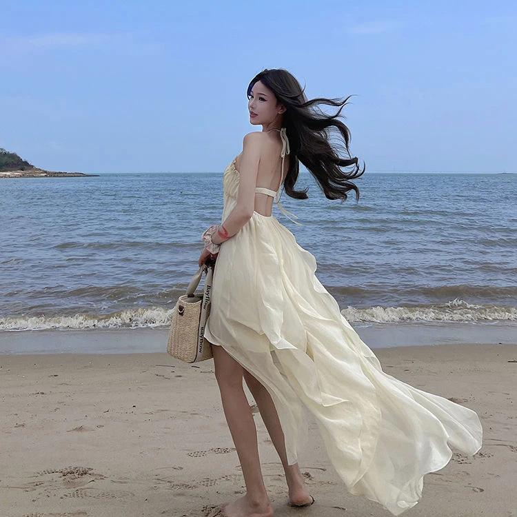 hi么么【高货_出片】仙女挂脖海边飘逸多巴胺仙气连衣裙长裙裙子