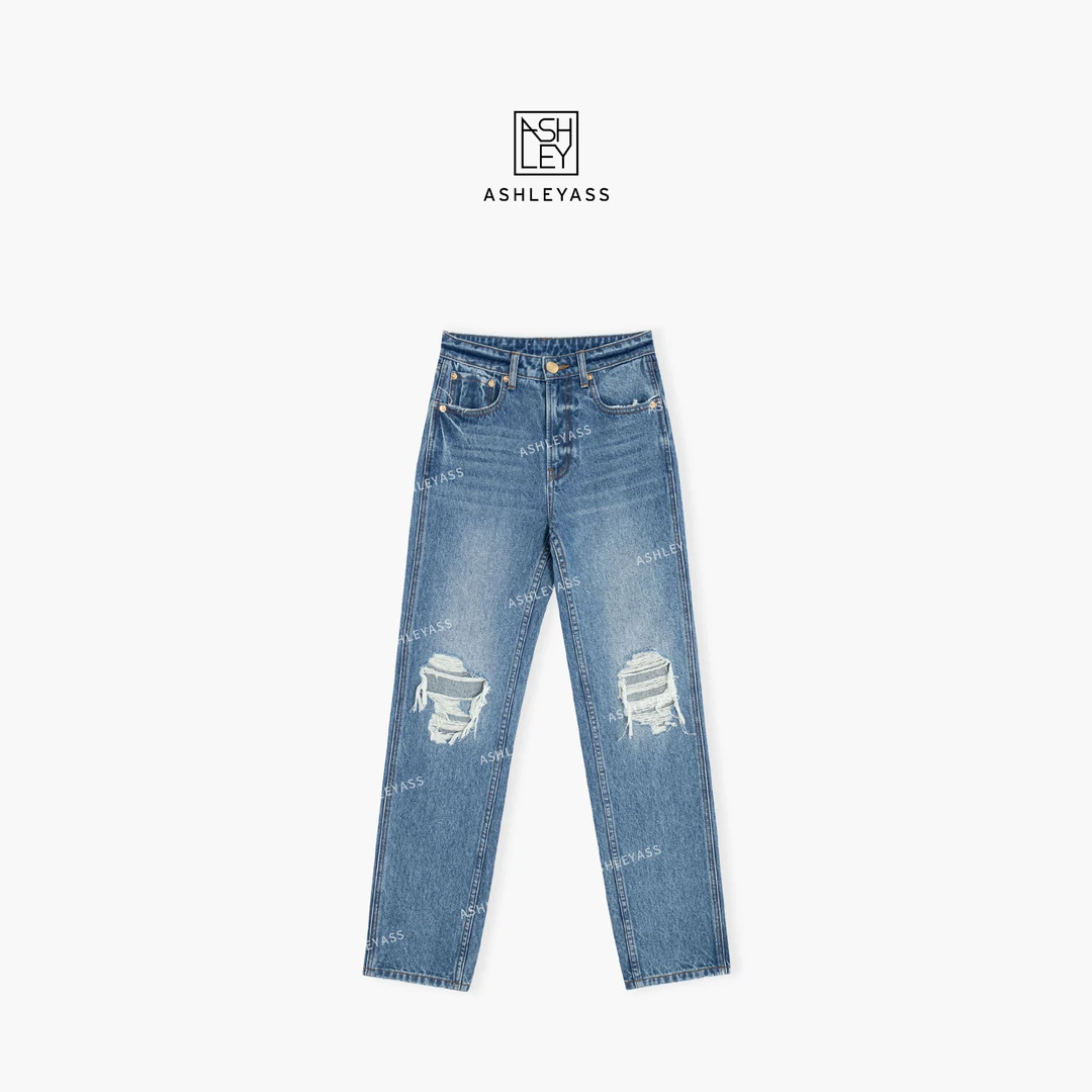 【ASHLEYASS】“凯特”破洞上宽下窄YKK拉链直筒牛仔裤LSN250377W