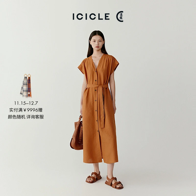 【进口亚麻】ICICLE之禾女装亚麻平纹时尚V领短袖长款连衣裙1082