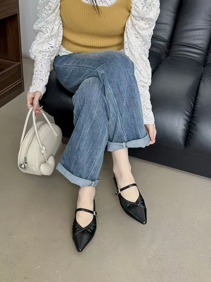 皮鞋凉鞋粗跟复古时尚浅口玛丽珍鞋尖头百搭气质单鞋黑色平底鞋