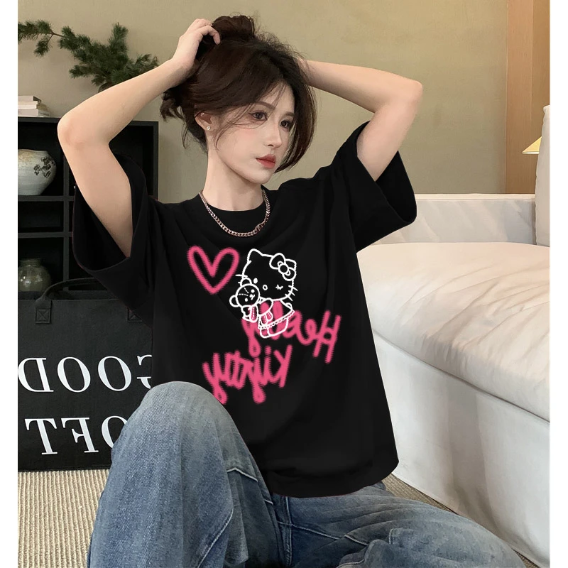 KT猫夏季女t爆款时尚休闲百搭女装上衣圆领卡通印花纯棉短袖T恤