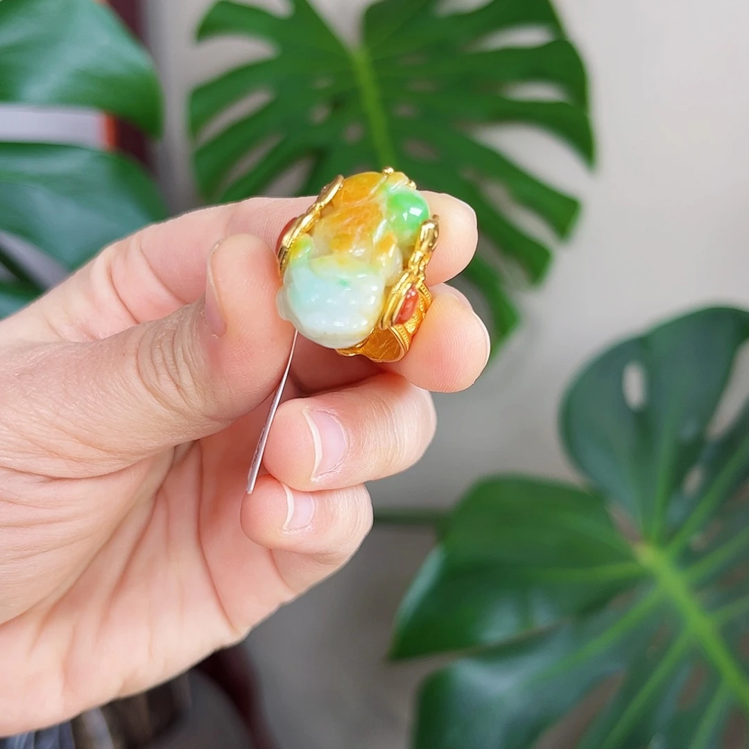 【闪购商品】翡翠戒指银S925镀金镶嵌 黄加绿貔貅