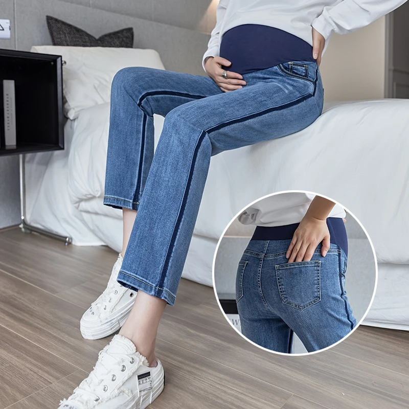 清仓捡漏孕妇直筒裤子春秋款外穿直筒牛仔裤薄款弹力九分打底裤子