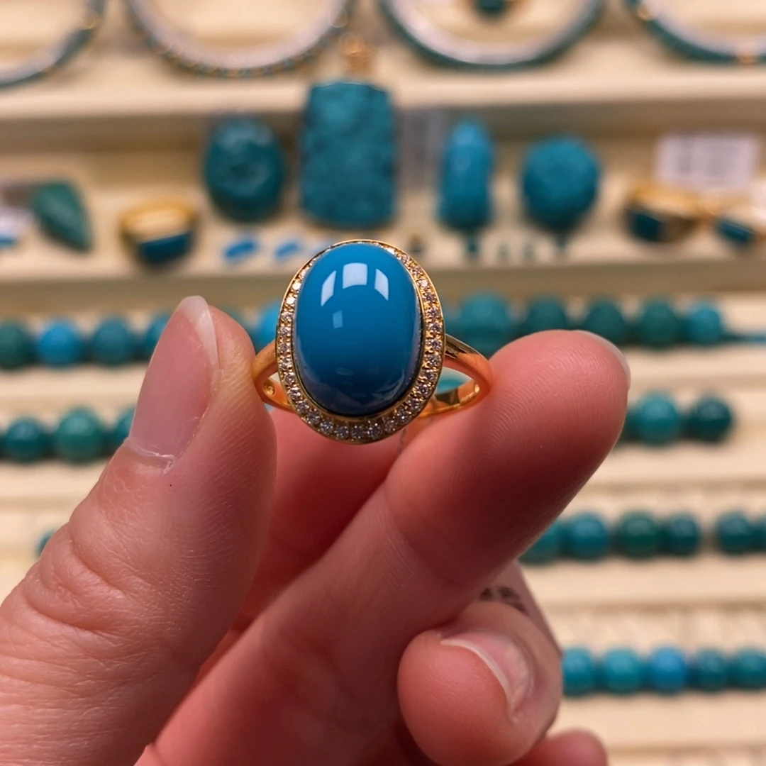 绿松石18K金镶嵌珠宝奇石直径16➕圈口金戒指