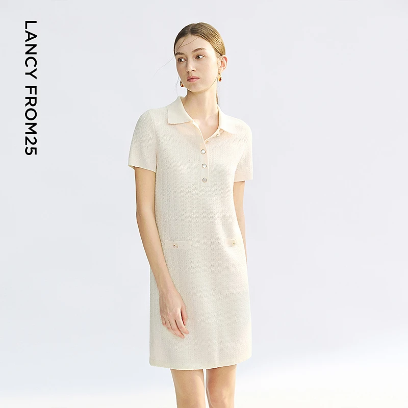 朗姿法式Polo领小香风连衣裙女通勤气质珠片裙子2025年夏季新款