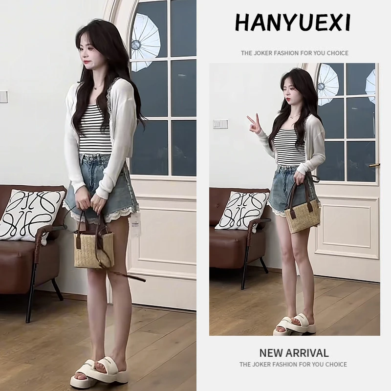 夏季洋气穿搭一整套女2025新款条纹吊带防晒开衫牛仔短裤三件套潮