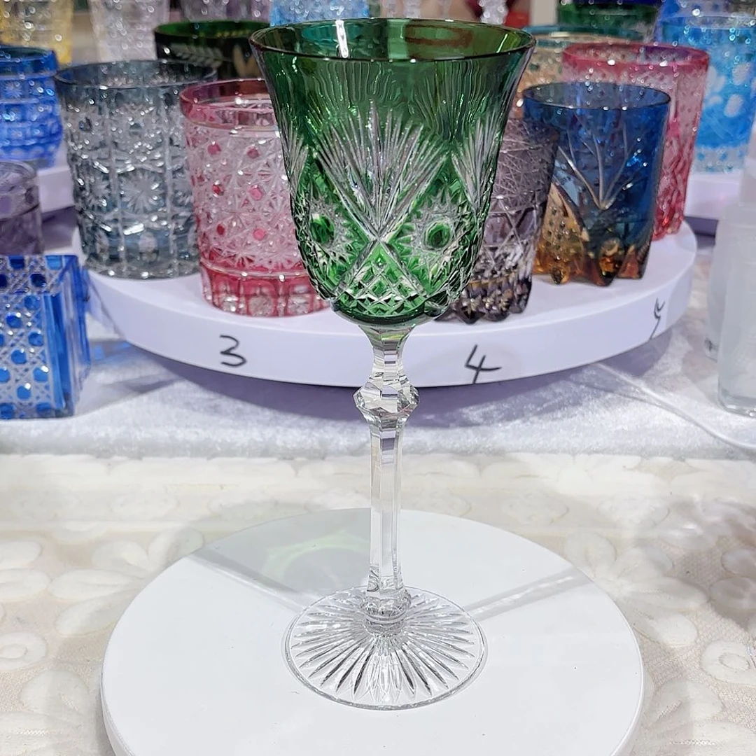 过*车水晶杯清仓福利源头工厂放漏两只祖母绿高脚杯送两个小茶杯