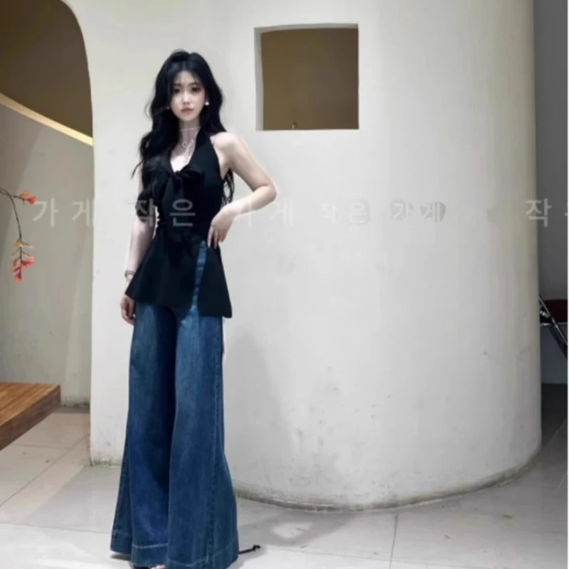 法式气质V领黑色挂脖冰丝针织背心女夏吊带小衫开叉无袖露肩上衣