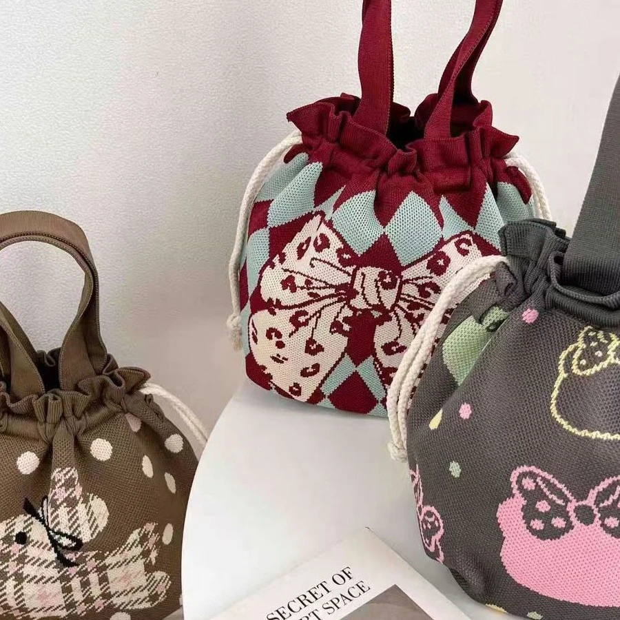 百搭大容量包包抽绳手提手拎包手腕包便当包便当袋针织水桶包