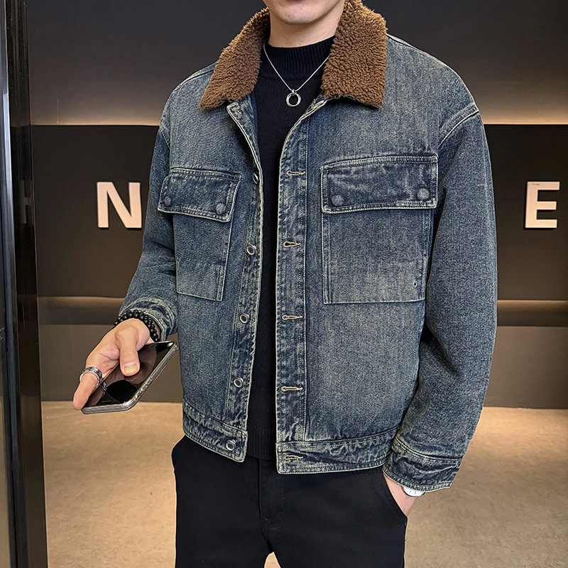 复古牛仔夹克男羊羔毛翻领短款宽松潮牌工装衣服高级感加绒外套男