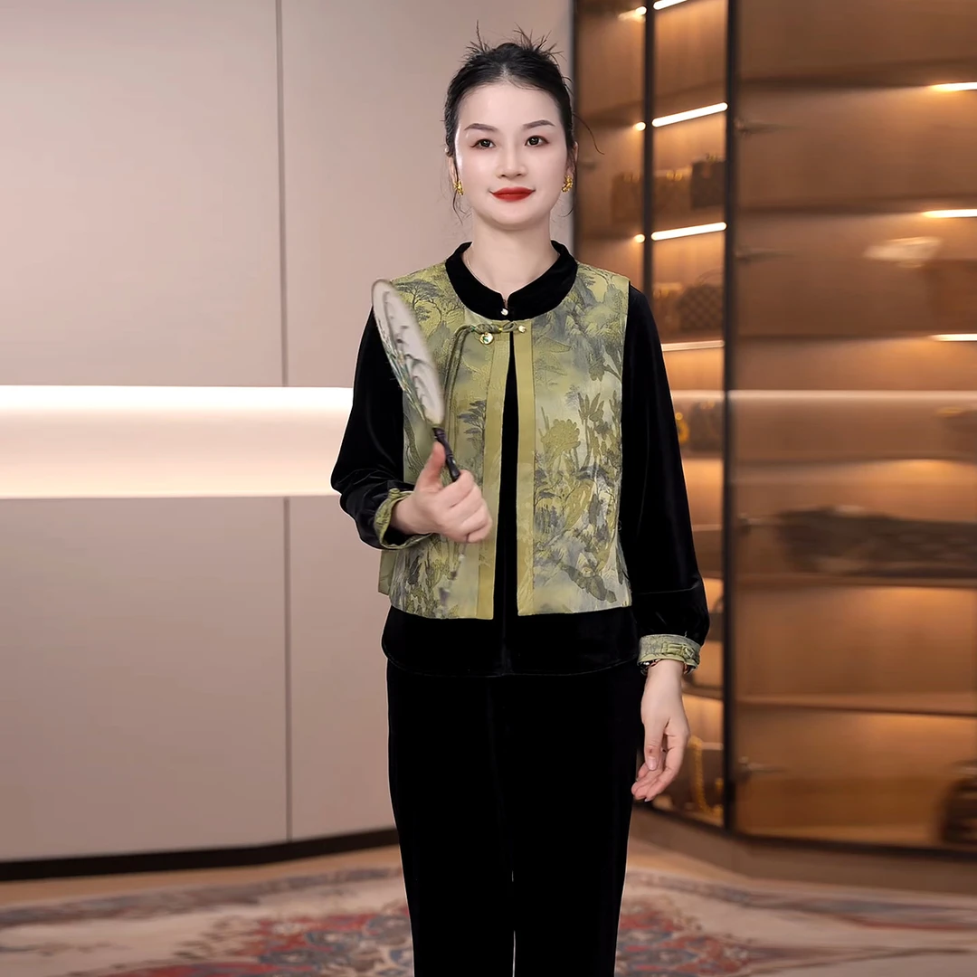 趣韵江南妈妈装国风水墨气质套装中老年贵妇洋气新中式女装三件套