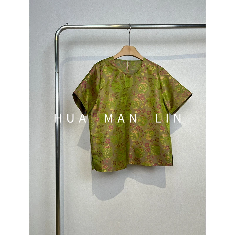 【花满林】圆领后一粒扣提花真丝桑蚕丝短袖上衣255132