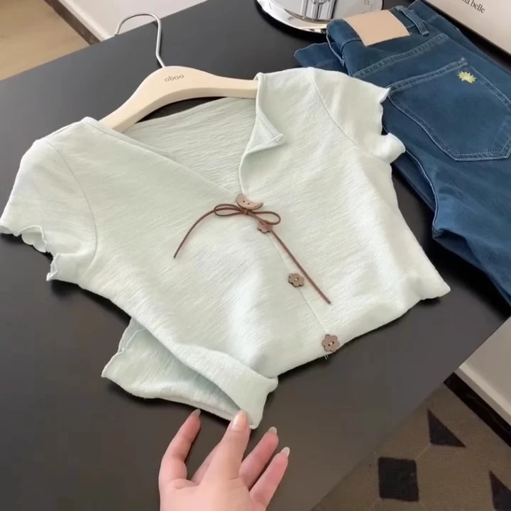 2025夏季新款法式蝴蝶结系带收腰正肩短袖T恤女修身显瘦百搭上衣