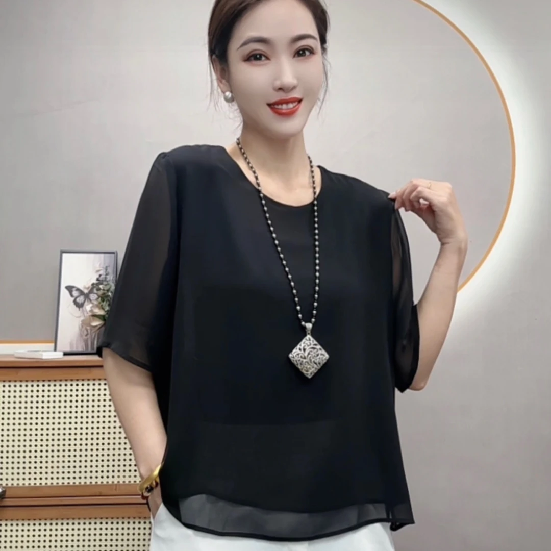 【鑫亚优选】夏季时尚洋气宽松遮肚中袖珍珠纱上衣女薄款舒适