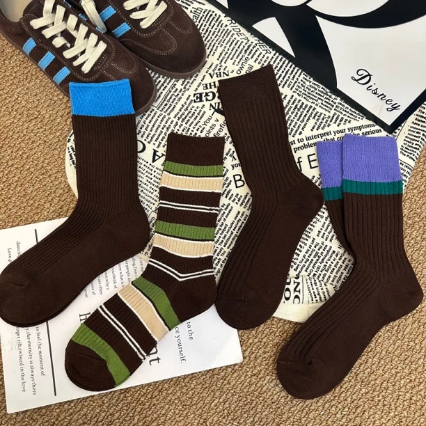 女秋冬可可咖色系长筒堆堆袜韩版撞色条纹琥珀流光风中高筒袜