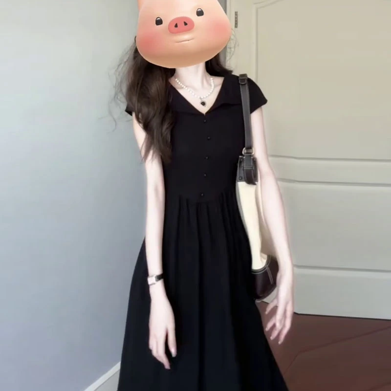 大码女装A字裙短袖夏季慵懒风长裙赫本风修身复古娃娃领连衣裙