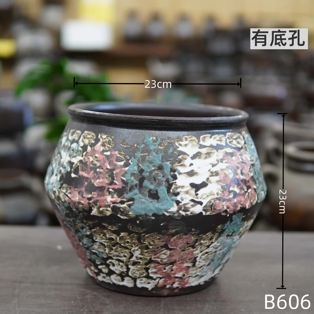 B606蝴蝶兰三角梅大口径黑色侘寂风陶罐透气花盆清仓捡漏大号
