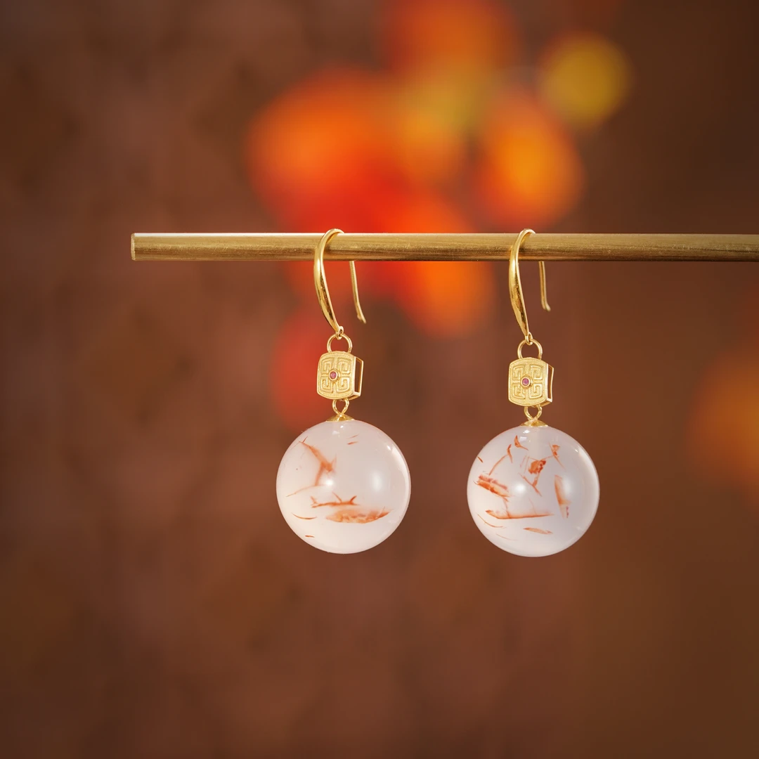 孤品 南红冰飘花耳坠 单珠14mm+ 18K金镶 H19135 多样性发其一