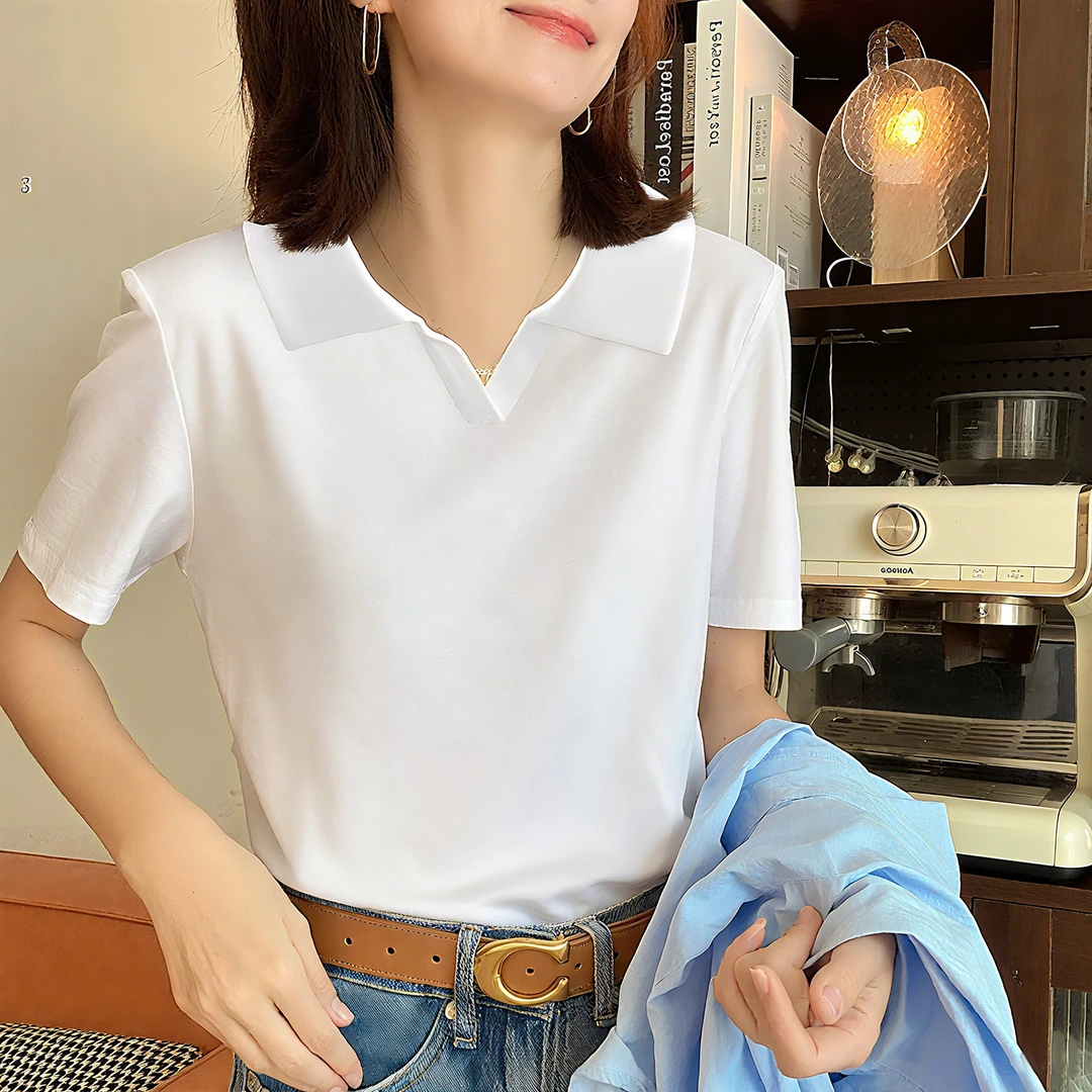 欧货棉质POLO领白色短袖女t恤2025新款夏季高级感打底衫上衣ins潮