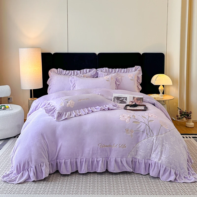 新款牛奶绒刺绣花边四件套被套-挚爱加绒双面绒印花