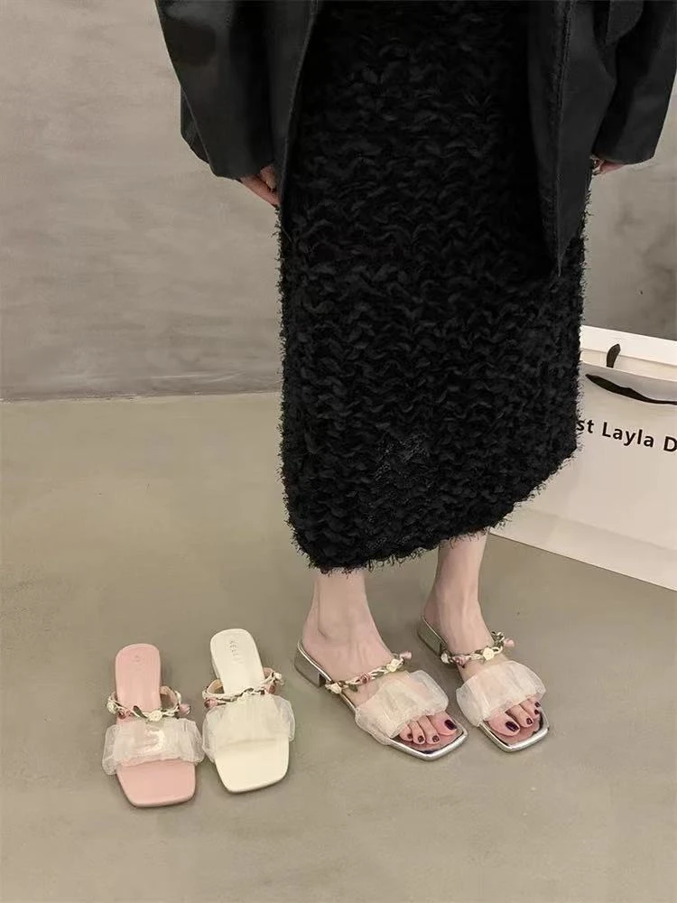 百搭仙女风配裙子凉拖鞋外穿2025年夏季新款方头粗跟气质凉鞋女鞋