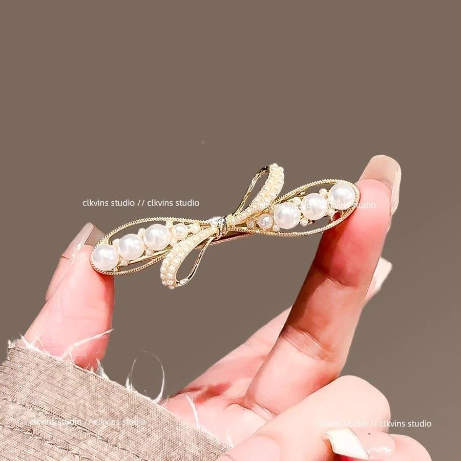 温柔珍珠蝴蝶结发夹女ins风侧边刘海夹简约鸭嘴夹碎发神器