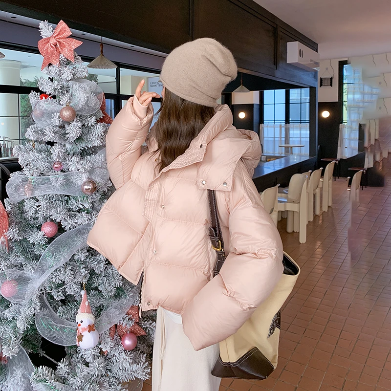 粉色甜美减龄泡芙感鹅绒羽绒服女2025冬季新款韩系连帽加厚面包服