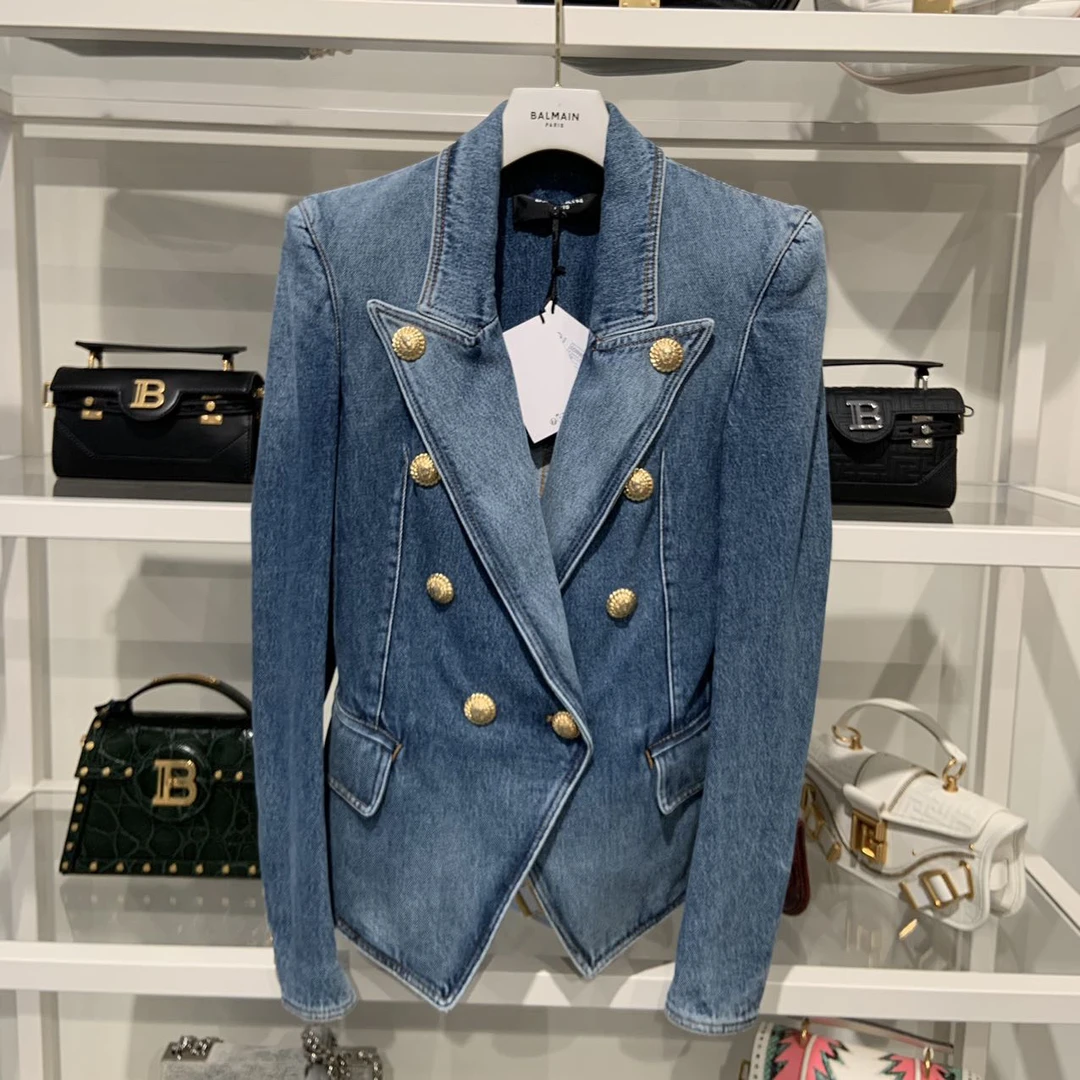 全新未使用 BALMAIN/巴尔曼 女士外套双排扣金扣牛仔款