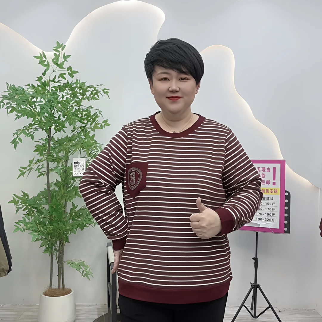 大码女装2918冬季新款欧棉绒宽松时尚经典条纹T恤洋气减龄上衣