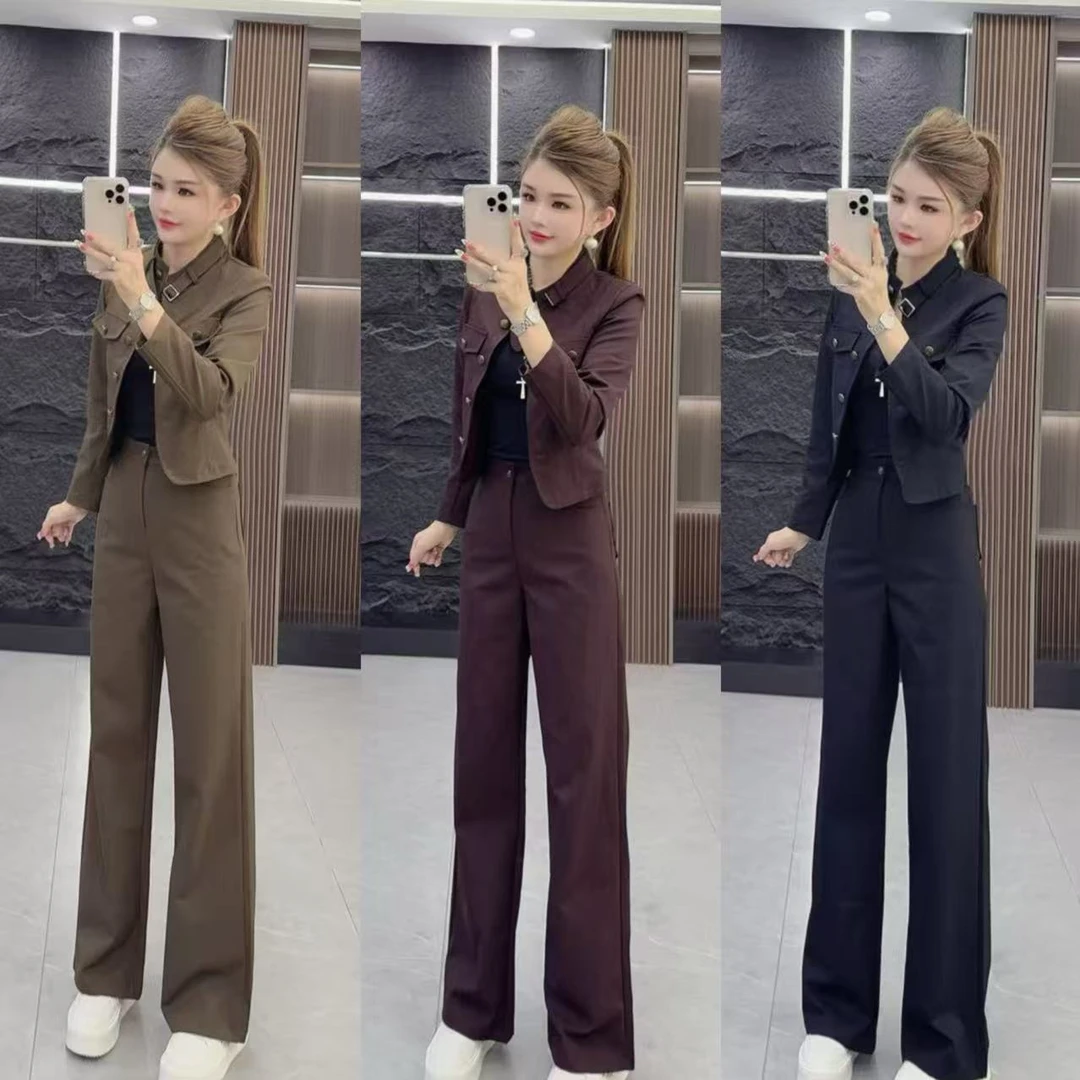 秋款0795 气质显瘦装饰领上衣 加 长裤 两件套