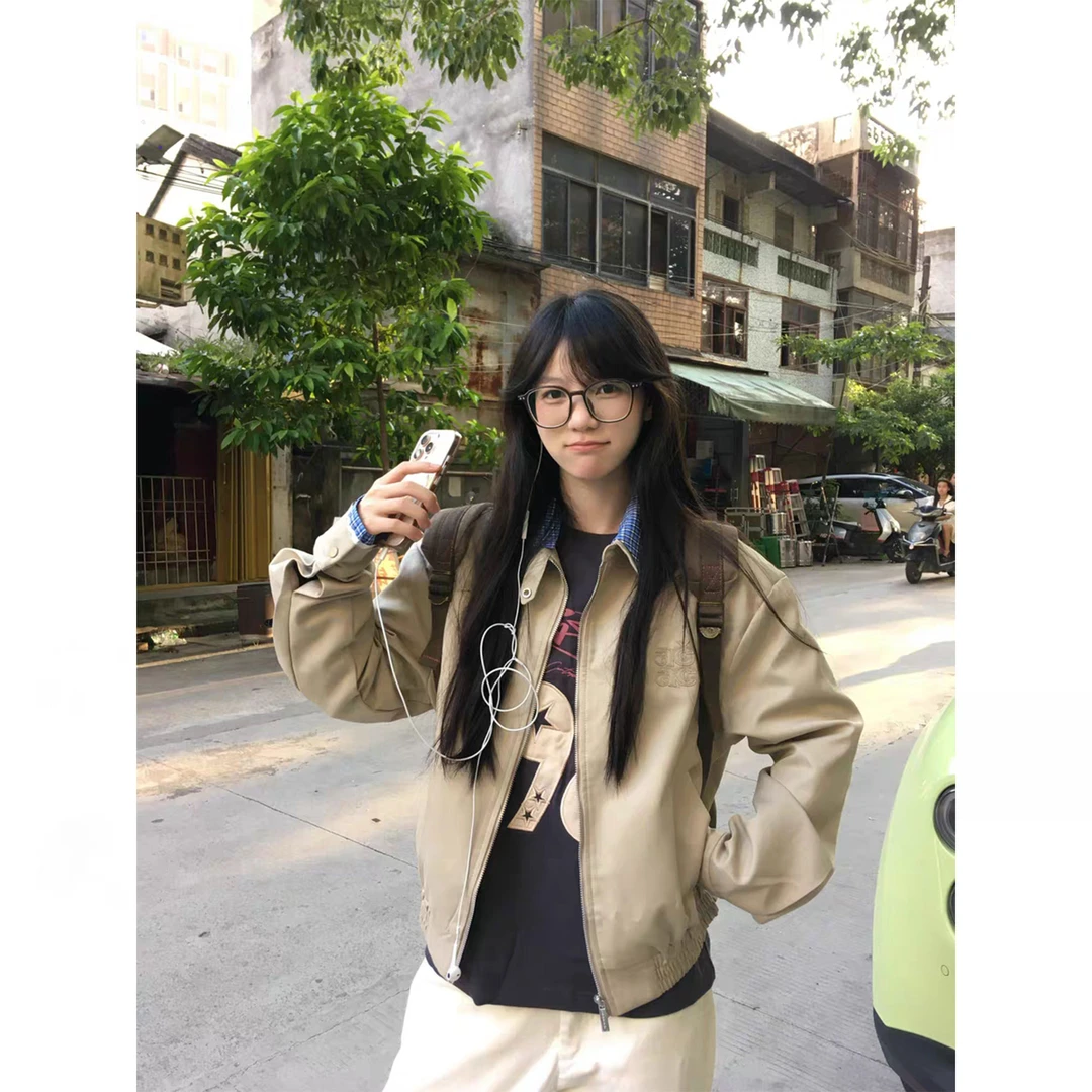 秋装爆款2025新款复古卡其色格子拼接短外套休闲工装夹克外套男女