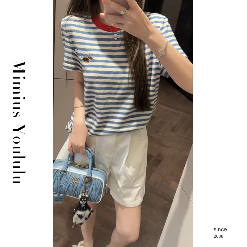 【mimius】喵喵 韩系百搭刺绣宽松条纹显瘦减龄上衣 G03491