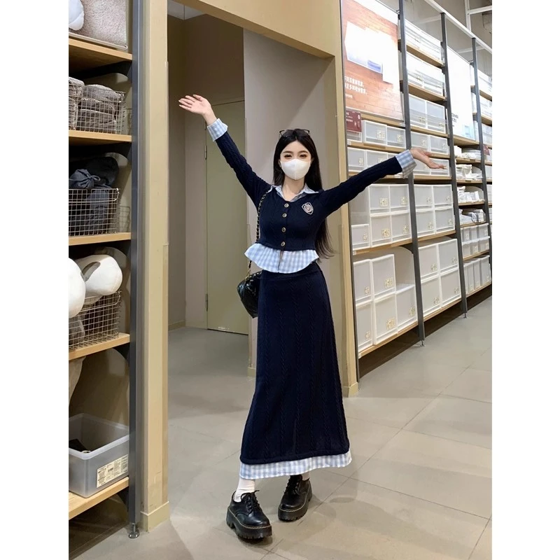 韩系学院风假两件上衣半身裙套装女开春连衣裙穿搭一整套可盐可甜