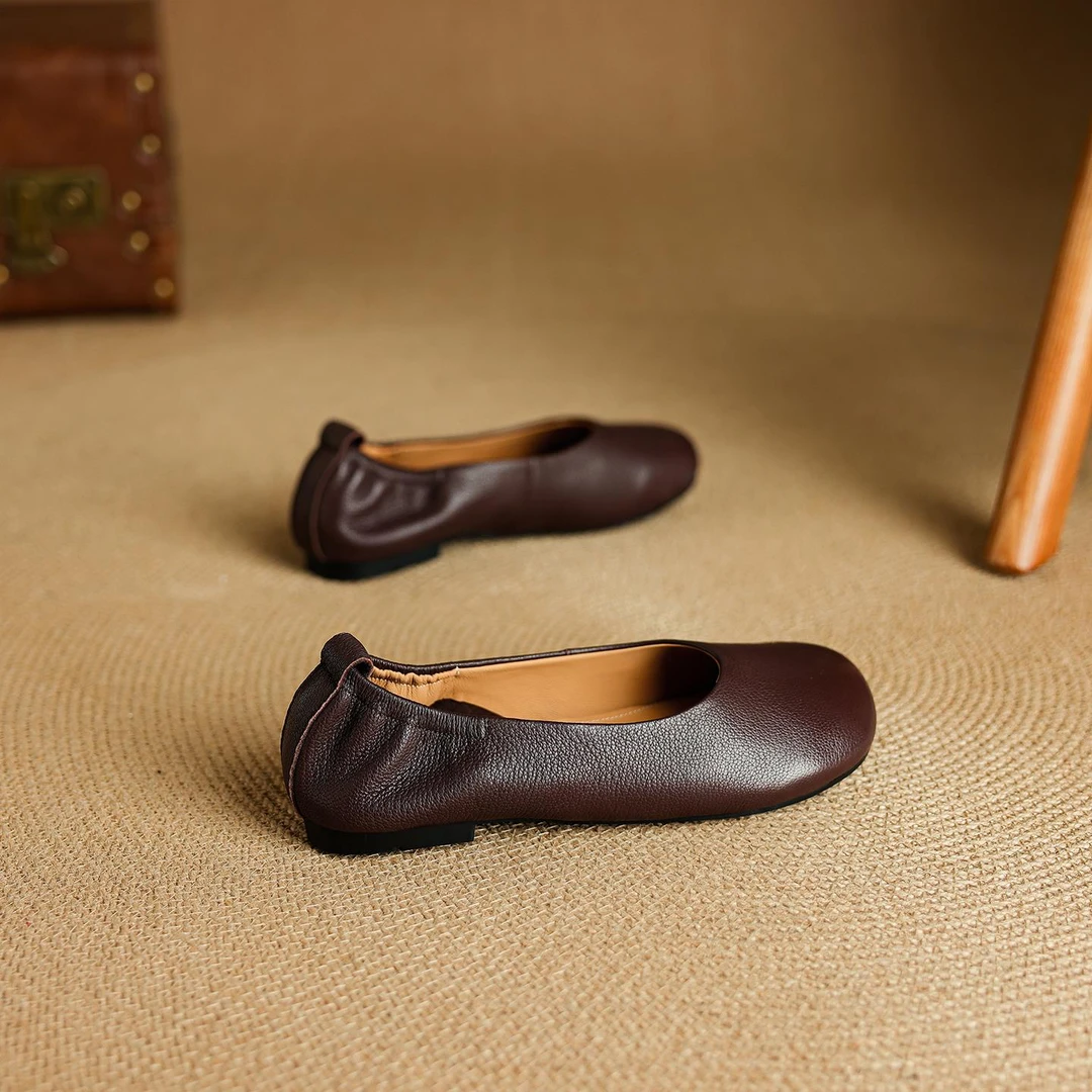 褶皱真皮圆头浅口单鞋女夏舒适软皮一脚蹬驾车鞋平底蛋卷鞋大码41