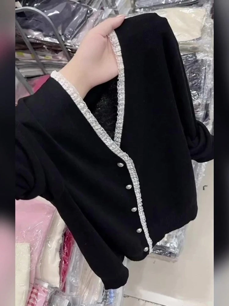 韩版黑色花边V领针织开衫女2025年秋季新款小众宽松显瘦软糯上衣