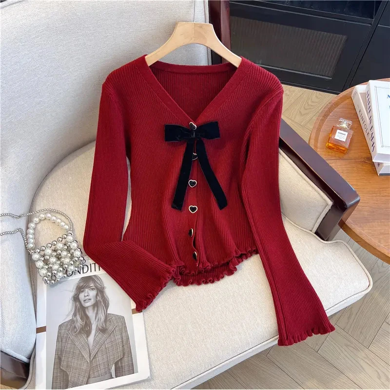 甜美风毛衣女内搭蝴蝶结木耳边针织外套女毛衣长袖针织上衣G6-46
