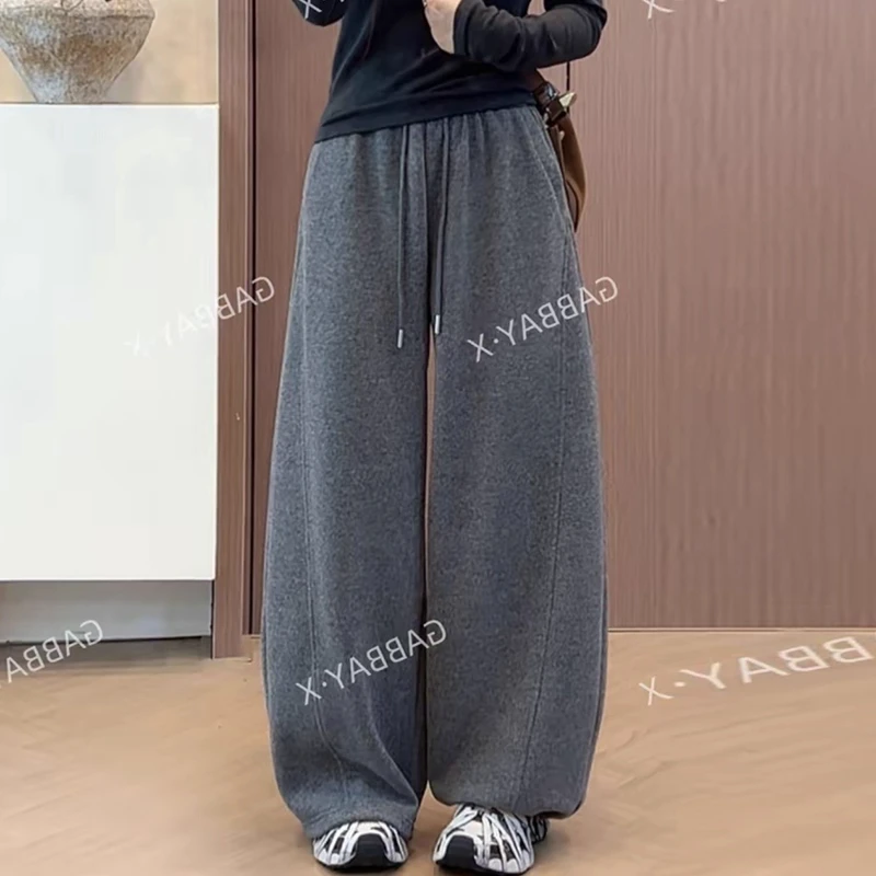 灰色加绒束脚弯刀卫裤女秋冬2025新款韩版高腰宽松阔脚裤拖地长裤