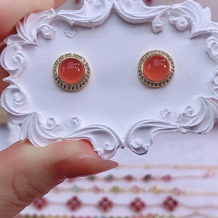 南红玛瑙耳饰银S925镀金镶嵌