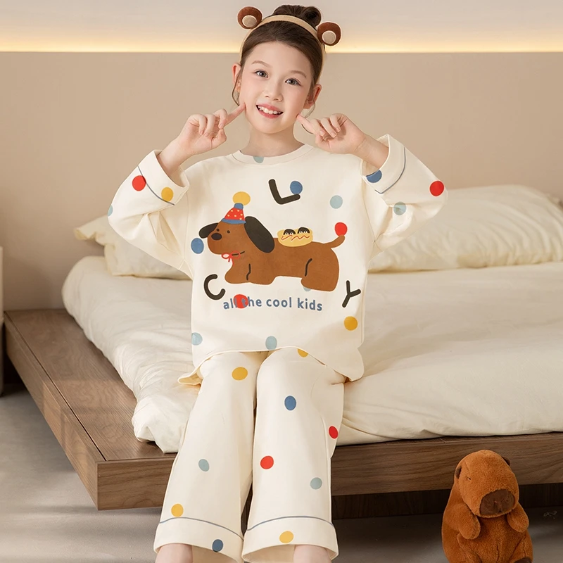 bejirog/北极绒卡通简约款长袖纯棉春秋季女童圆领睡衣可外穿套装