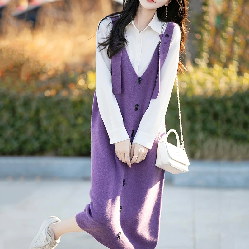 羊范2025春秋新款100%羊毛针织背带裙女V领松弛感宽松过膝马甲裙