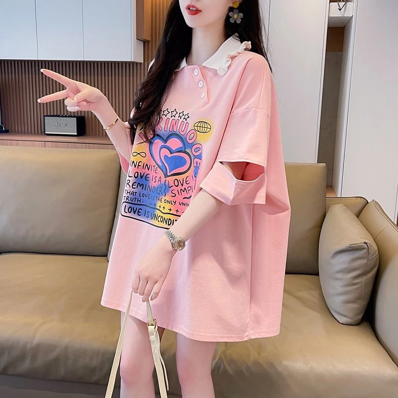 今年流行的小个子短袖t恤女夏季大码宽松休闲超好看减龄粉色女T恤