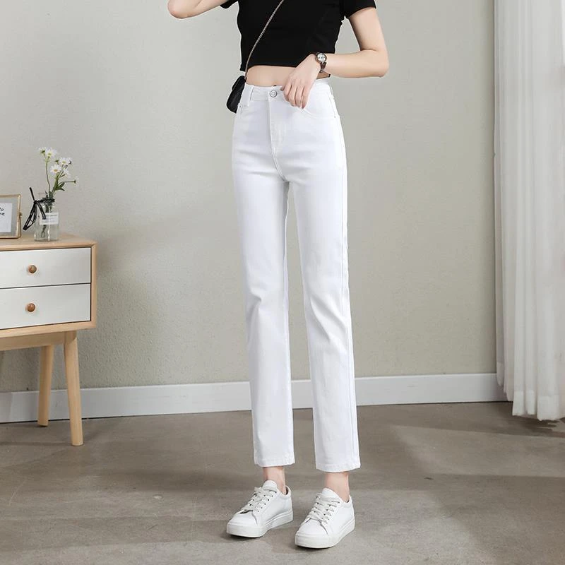 2025年夏季薄款白色高腰牛仔裤女九分小个子烟管显瘦弹力直筒裤子