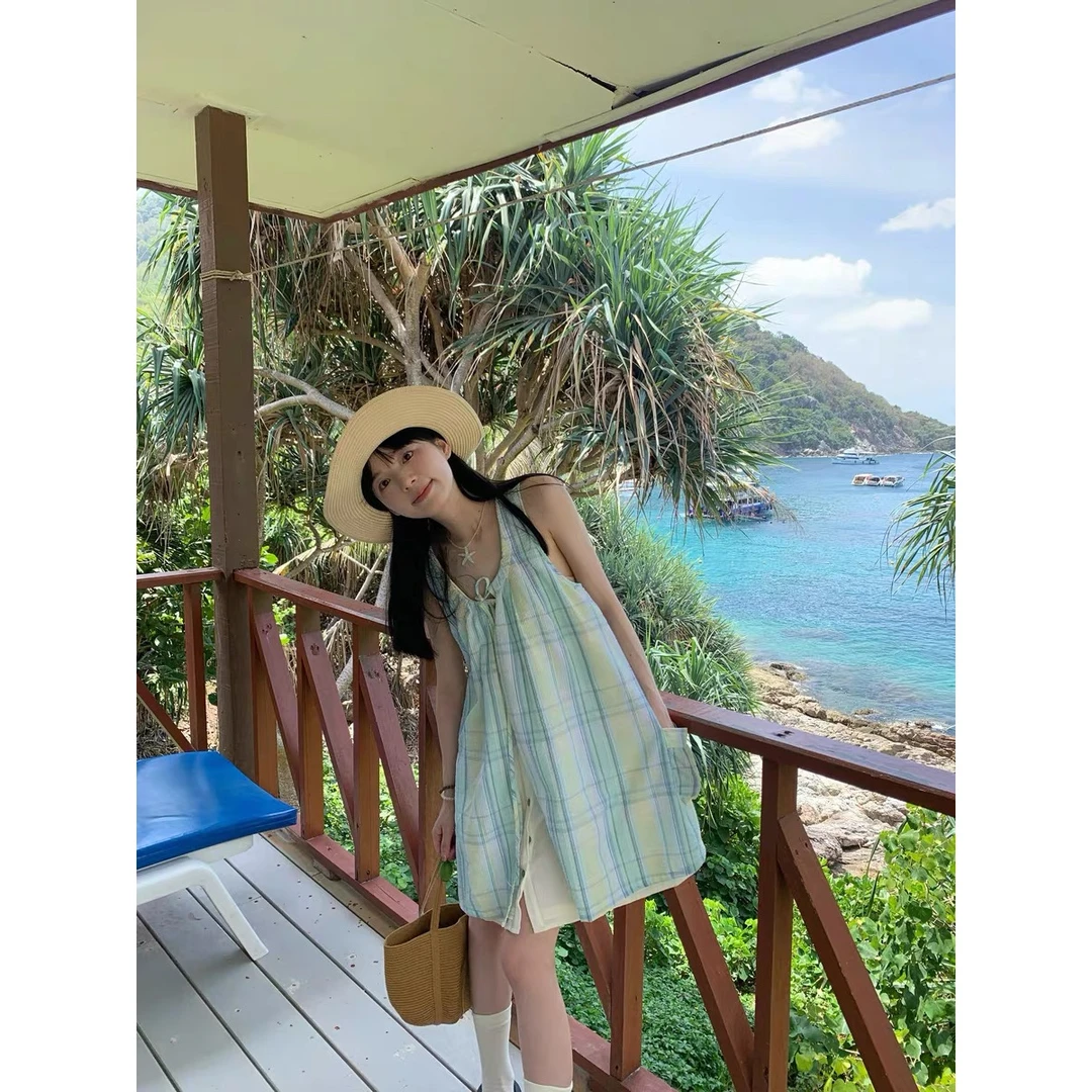 今年流行小个子穿搭假两件绑带连衣裙清新海边度假小个子半身裙