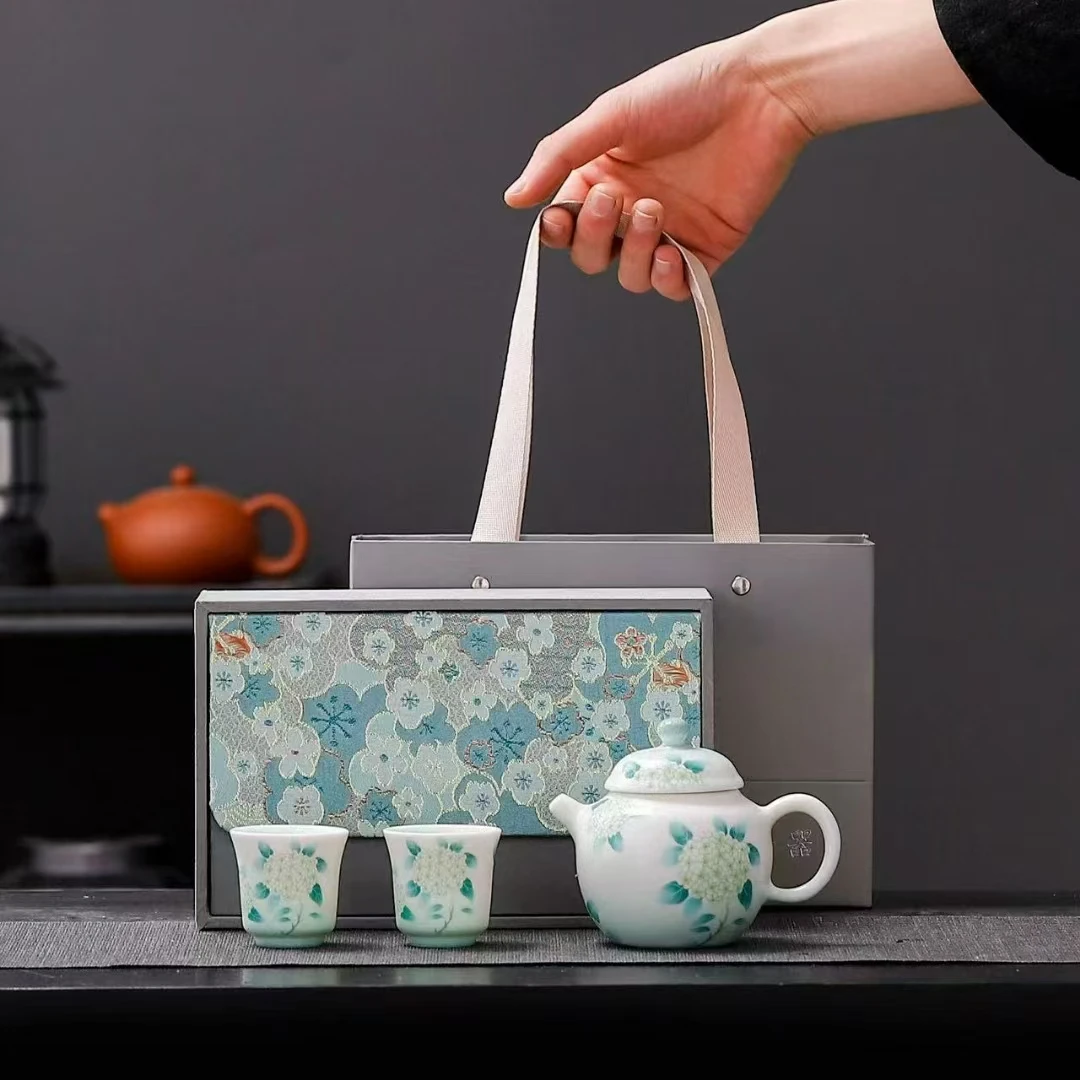 【时熙】猪油白渐变绿绣球花一壶两杯陶瓷哑光泡茶壶茶杯高档茶具