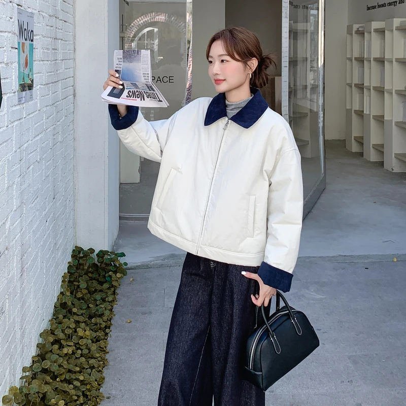 撞色百搭小个子韩版女2025冬季氛围感加绒减龄加厚夹棉轻薄棉服