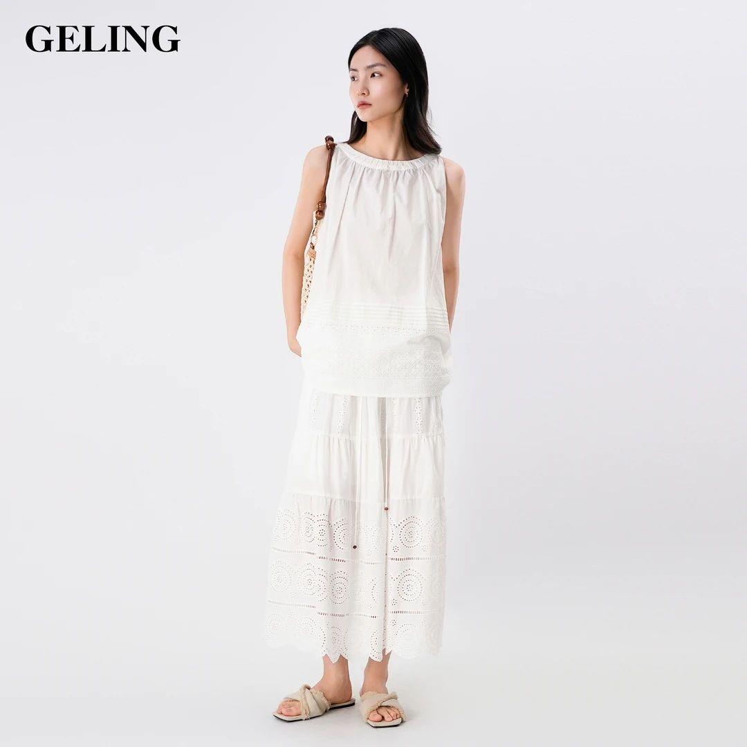 GELING/歌&玲夏季100棉女士绣花拼接镂空背心白色无袖G512X139Y