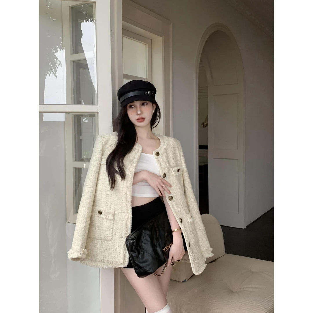 实拍 秋装复古手工拉毛小香风复古纽扣粗花呢子外套