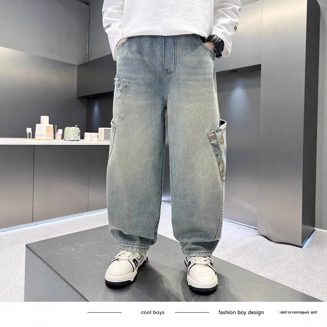 柳柳定制2025男女童秋季新品8927拼彩纹中大童韩版简约牛仔老爹裤