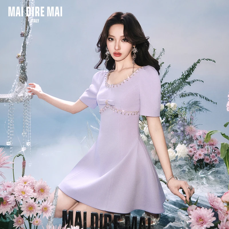 MAI DIRE MAI钻链高腰法式复古气质优雅短袖圆领短款连衣裙女春夏